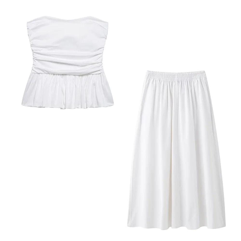 TRAFZA Women Skirt Suit Elegant White Off-shoulder Ruched Sexy Strapless Top+Casual Side Pocket Elastic Waist White Long Skirt - MauBai