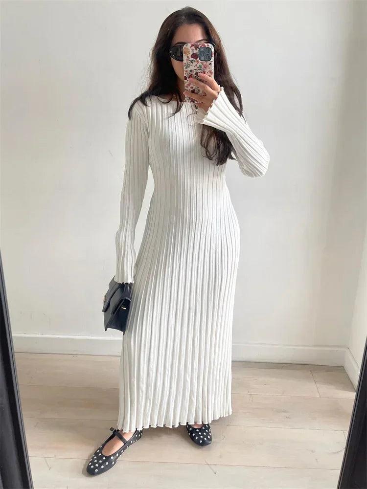 Tossy Lace-Up Female Knit Maxi Dress Autumn High Waist Fashion Patchwork Long Sleeve Loose Solid Dress Bandage Knitwear Dress - MauBai