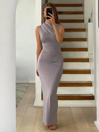 Tossy Pleated Long sleeved Slim Maxi Dress Women Solid Fashion Elegant Party Dress Gown Off-Shoulder High Waist Bodycon Dress - MauBai