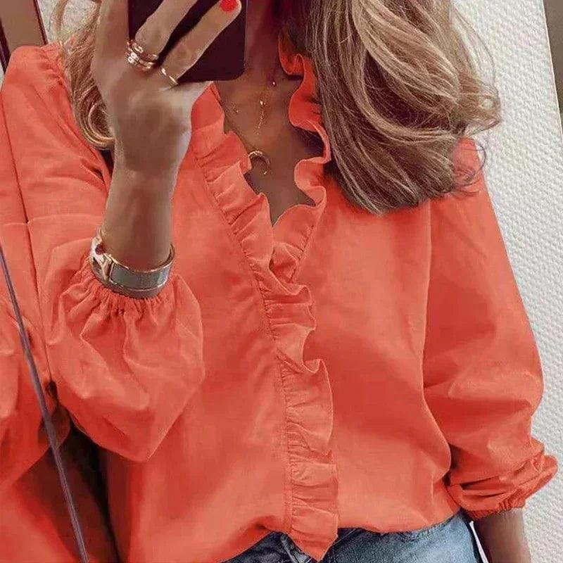 2024 Vintage Ruffles Women Blouses Autumn Long Sleeve Office Lady Elegant Tops Cotton Casual Tops V-neck Shirt Clothing - MauBai