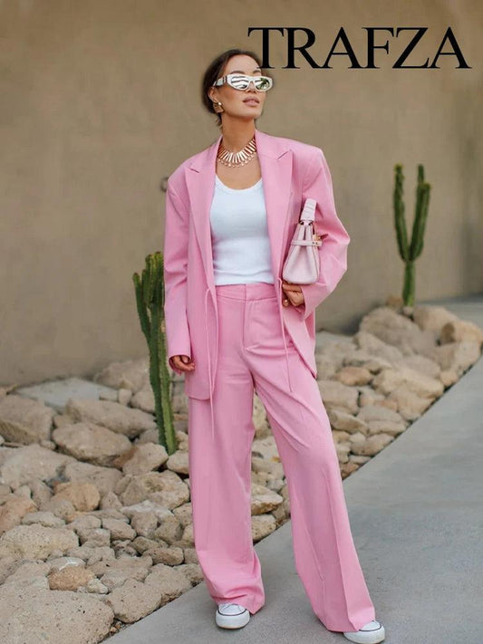 TRAFZA Women Pink Blazer Suit Turn-Down Collar Long Sleeves Pocket Lace-Up Blazers Top+Fashion High Waist Zipper Wide Leg Pant - MauBai