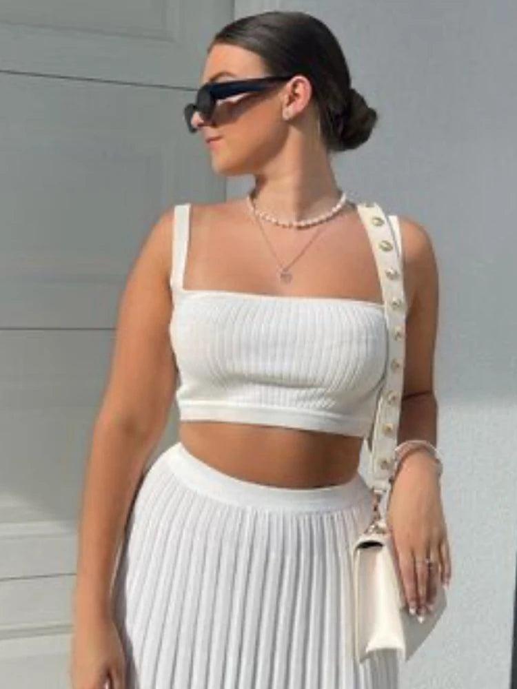 Tossy New White Knit Two Piece Women Sets Fall Ribbed Tank Top And Pleated Knitted Skirt Suits For Women Long Dress Sets Summer - MauBai