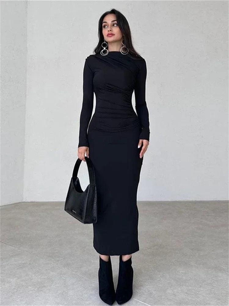 Tossy Pleated Long sleeved Slim Maxi Dress Women Solid Fashion Elegant Party Dress Gown Off-Shoulder High Waist Bodycon Dress - MauBai