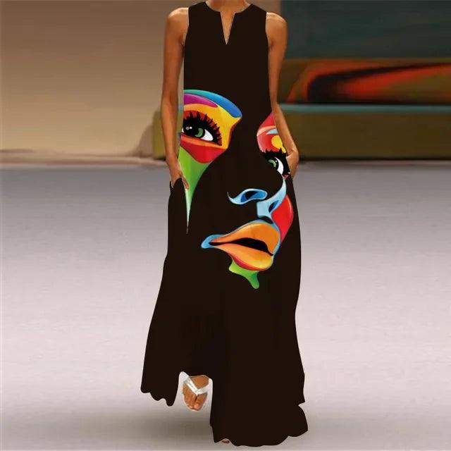 2024 Spring Summer Hot Women's Dresses Art Line Mask Print Sexy Sleeveless V-neck Long Dress Casual Women's Clothing Maxi Dress