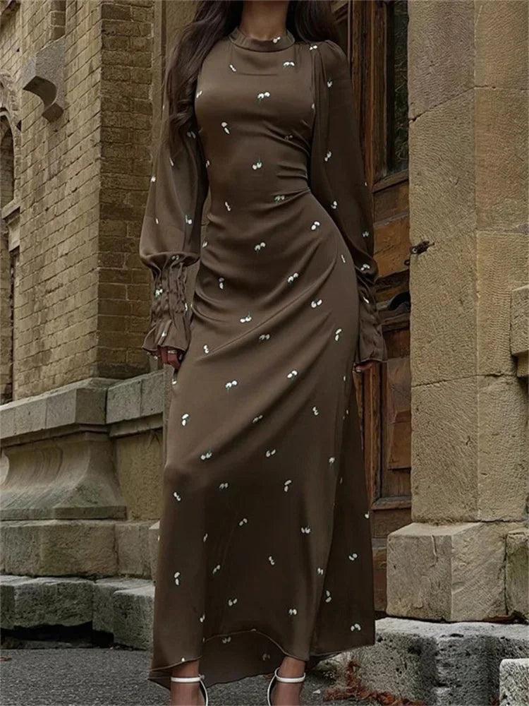 Tossy Printed Bandage Fashion Long Dress Ladies Elegant Satin High Street Party Dress Casual Long Sleeve Patchwork Maxi Dress - MauBai