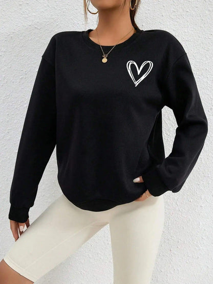 Simple Heart Pattern Printing Sweatshirts For Womens Casual Comfortable Crewneck Hoodies Loose Fleece Warm Sportswear Clothes - MauBai