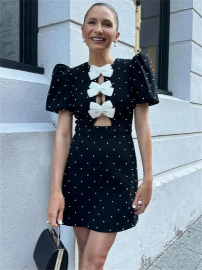 Tossy Fashion Bow Love Mini Dress Women Hollow Out Patchwork Elegant Short Sleeve Party Dress Female High Street Ladies Dress - MauBai