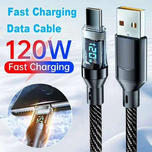 PD Super Fast Charging Cable 120W Real-time Digital Display USB A To Type C Data Line Cord for IPhone Android Phones Universal - MauBai