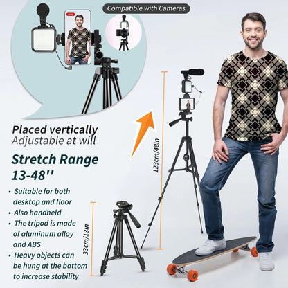 MAMEN Portable Vlogging Kit 48IN Phone Camera Tripod with Microphone LED Light for Photo Vlog Selfie Interview Live Streaming