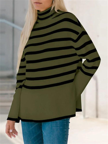 Tossy Winter Women’s Long Sleeves Knit Sweater Turtleneck Striped Print Loose Pullover Tops 2023 New Autumn Oversized Sweater - MauBai