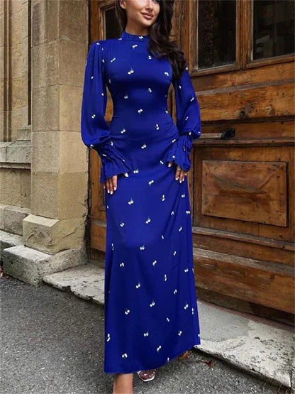 Tossy Printed Bandage Fashion Long Dress Ladies Elegant Satin High Street Party Dress Casual Long Sleeve Patchwork Maxi Dress - MauBai