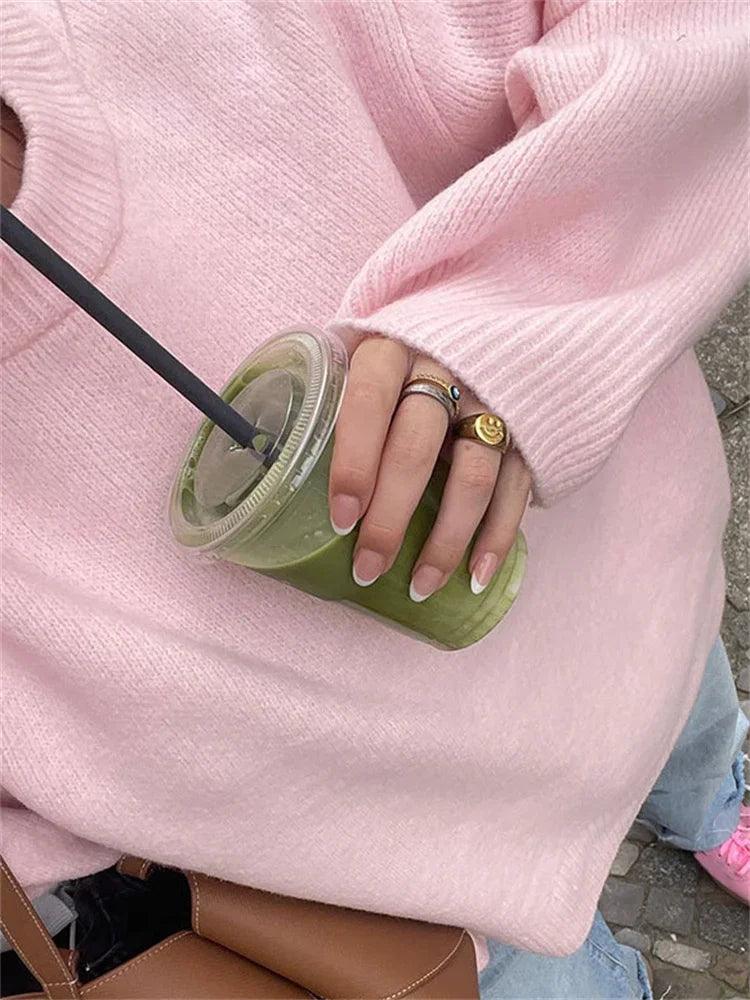 Tossy Pink Knitwear Sweater Pullover For Women Long Sleeve Fashion Loose Patchwork Cute Y2k Top Female Knit Elegant Pullover New - MauBai