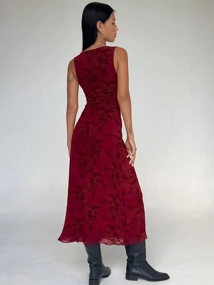 Tossy Summer Printed Deep V Long Dress Women's Fashion Floral Contrast Color Sleeveless Waist Slim New Evening Dress Long Dress - MauBai