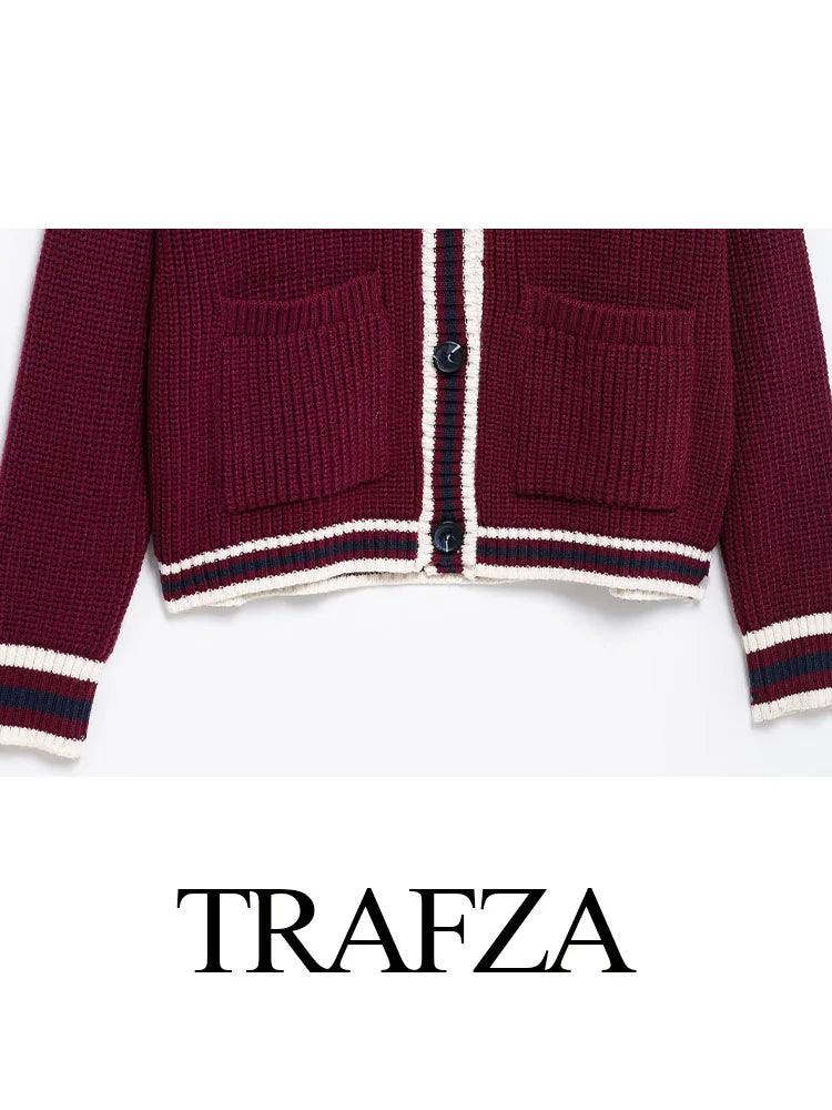 TRAFZA Women New Fashion Sweaters Solid V-Neck Long Sleeves Pockets Single-Breasted Cardigan Female Spring Elegant Knitted Tops - MauBai