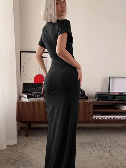 Women's Elegant O Neck Maxi Dress Short Sleeve Slim High Waist Shirring Dress Sexy Side Slit Evening Club Bodycon Dress Lady - MauBai