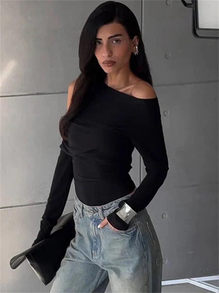 Tossy Black Off-Shoulder Long Sleeve T-shirt For Women High Waist Autumn 2024 Slim Fashion Pullover Top Ladies Solid Y2k Tee Top - MauBai