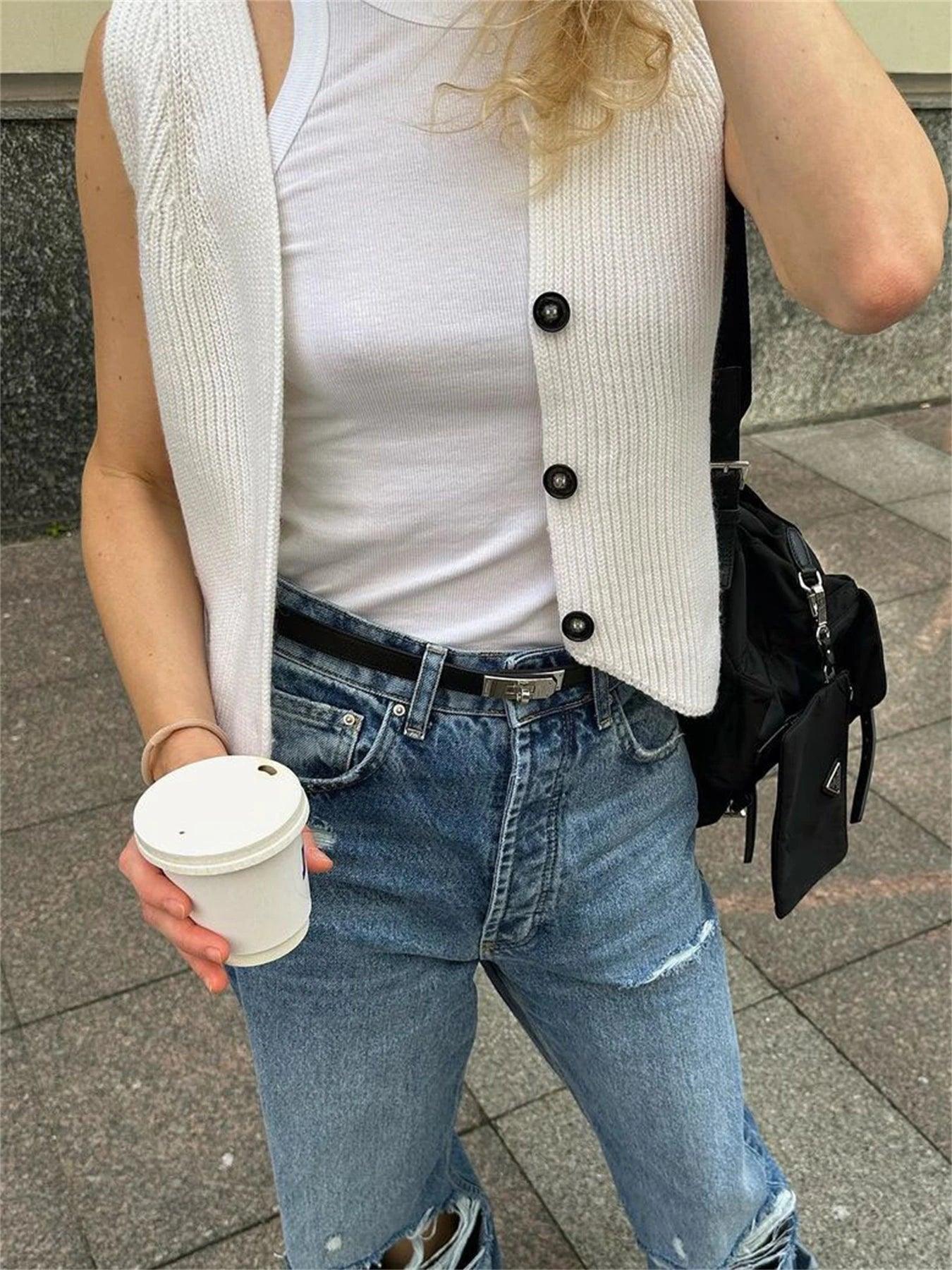 Tossy Knit Casual Ribbed Vest Cardigan For Women Solid Slim V-Neck Sleeveless High Waist Outwear Female Loose Knit Vest Sweater - MauBai