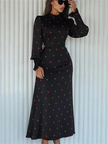 Tossy Printed Bandage Fashion Long Dress Ladies Elegant Satin High Street Party Dress Casual Long Sleeve Patchwork Maxi Dress - MauBai