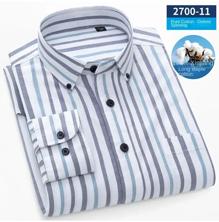 Plus size new cotton Oxford shirt men's long sleeve leisure business striped enzyme washed shirt men's tide, men dress shirt ,