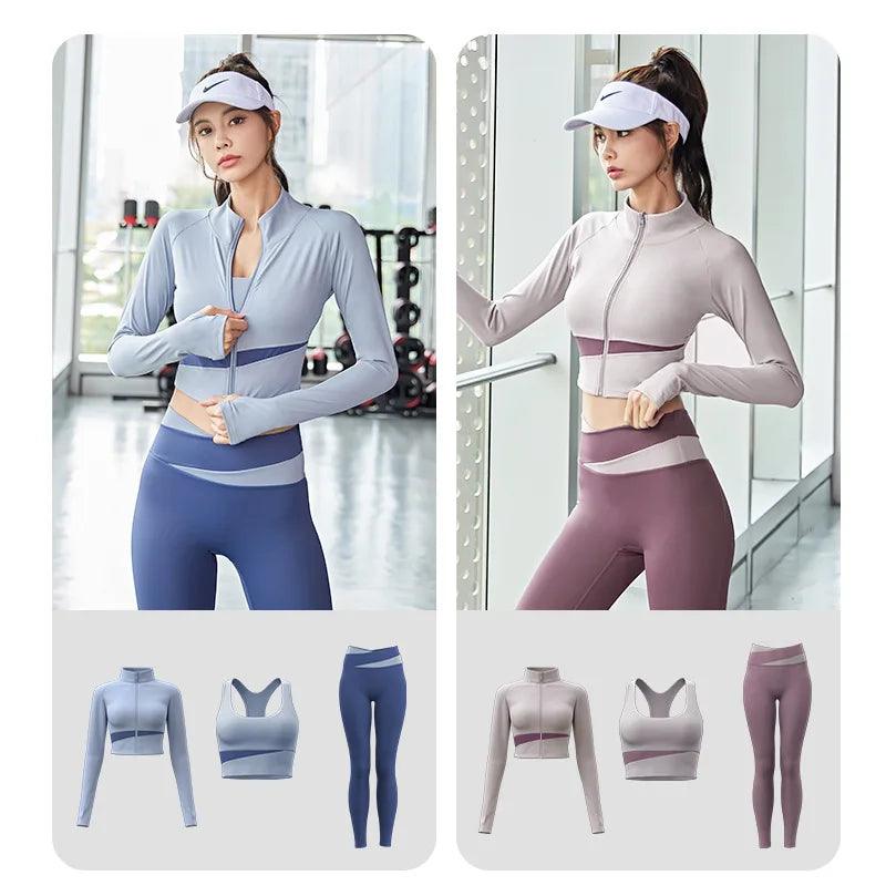 Women Yoga Patchwork 3 Piece Set Fitness Gym Coats+Bra+Leggings Workout Running Sportswear Clothing Tracksuit Ensemble Femme - MauBai