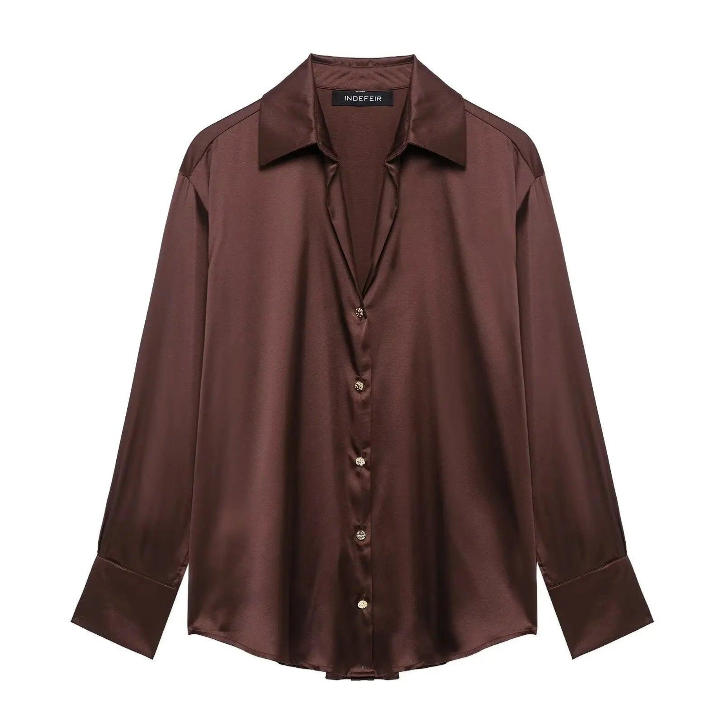 TRAFZA Women Spring Fashion Shirt Satin Texture Loose Single-breasted Women Casual Lapel Solid Long-sleeved Commuter Top - MauBai