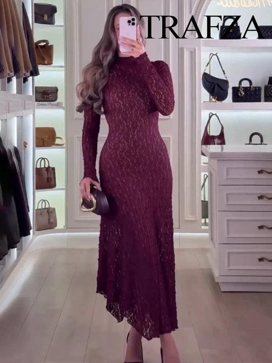 TRAFZA Women Elegant Wine Red Rear Zipper Party Midi Dress Woman Chic Long-Sleeved Asymmetry Lace Decoration Sexy Evening Dress - MauBai