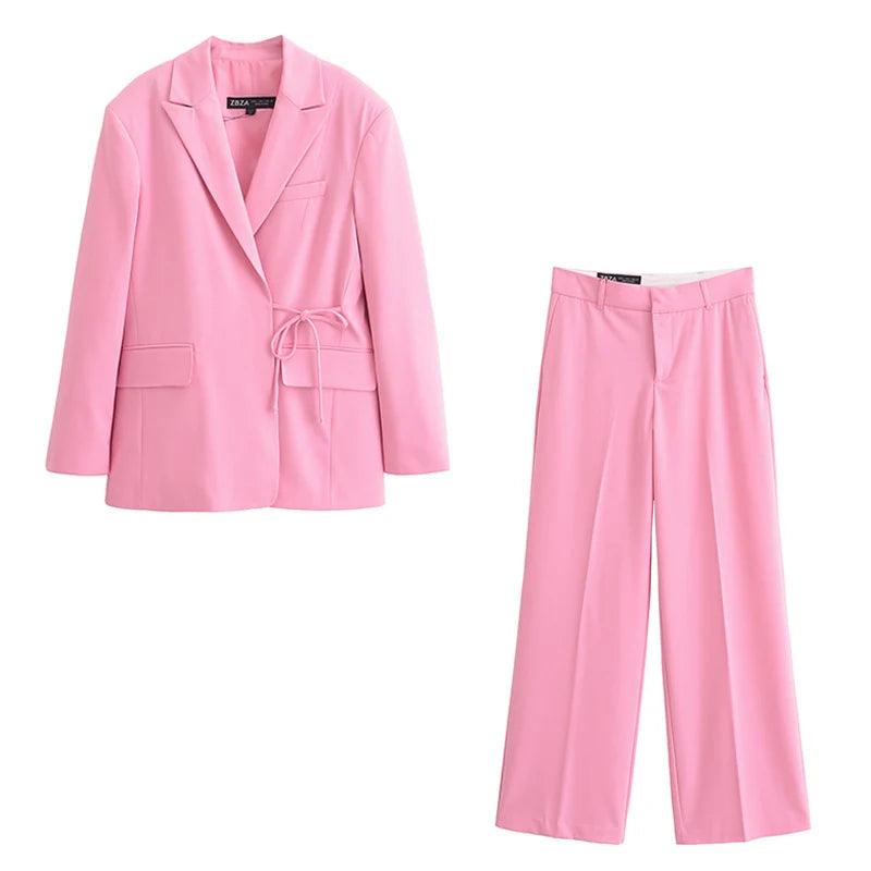 TRAFZA Women Pink Blazer Suit Turn-Down Collar Long Sleeves Pocket Lace-Up Blazers Top+Fashion High Waist Zipper Wide Leg Pant - MauBai