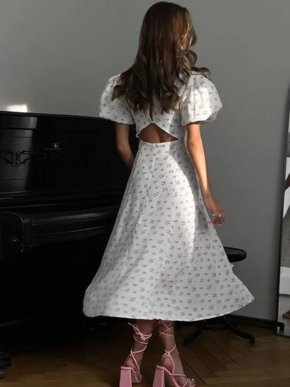 Tossy Printed Backless Slit Long Dress Women's Summer Round Neck Puff Sleeve High Waist Color Block Casual Elegant Long Dress - MauBai