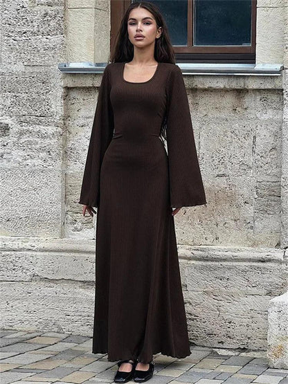 Tossy Scoop Neck Lace-Up Ribbed Maxi Dress Female Long Sleeve Fashion Slim Loose Bandage Dress Autumn 2023 Solid Women Dress New - MauBai