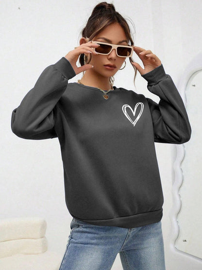 Simple Heart Pattern Printing Sweatshirts For Womens Casual Comfortable Crewneck Hoodies Loose Fleece Warm Sportswear Clothes - MauBai