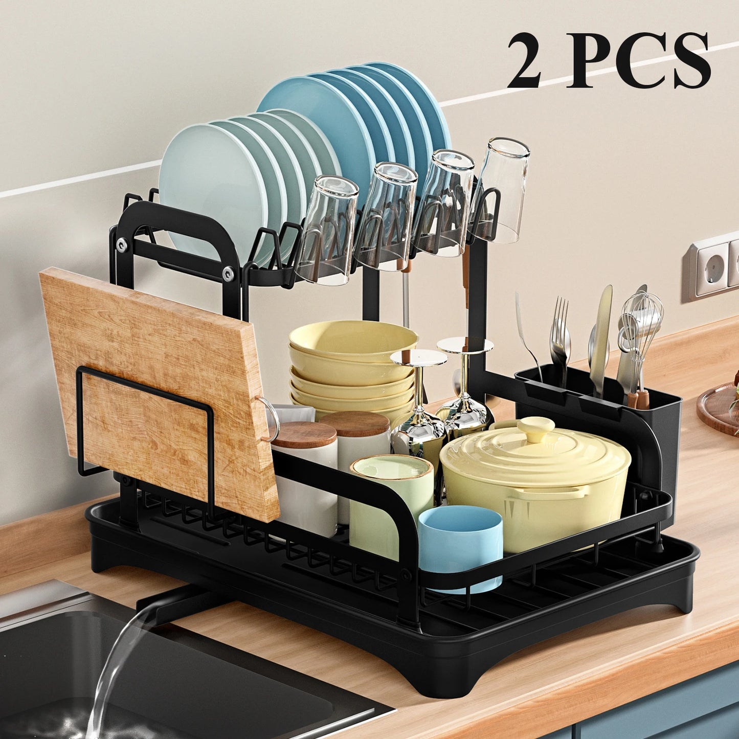 2 Tier Dish Bowl Drainer Storage Rack Kitchen Organizer with Drain Basket Countertop Dinnerware Organizer Drainboard