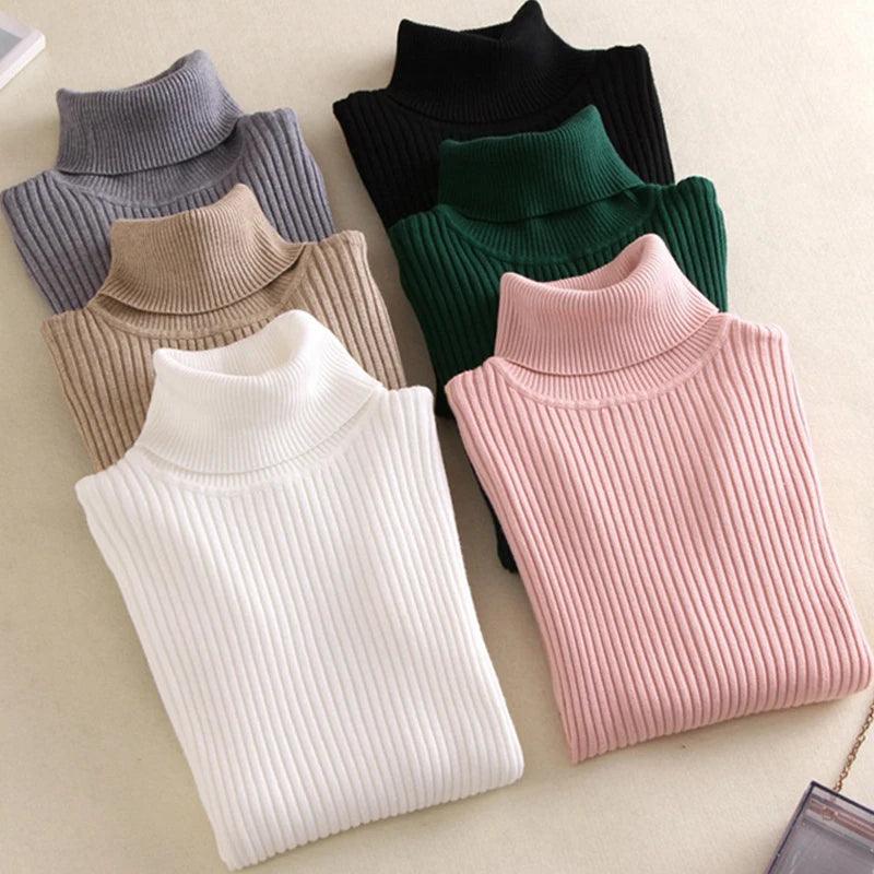 2025 Autumn Winter Women Knit Solid Turtleneck Pull Sweater Casual Rib Jumper Tops Female Home Pullover Y2K Clothing - MauBai