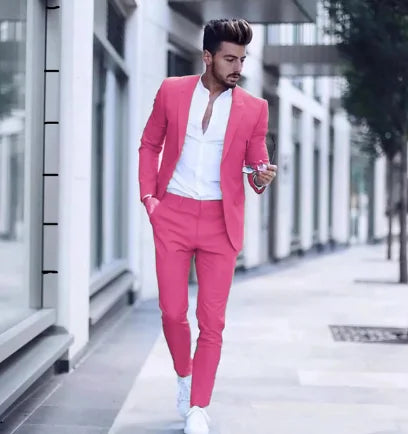 2023 Casual Fashion Luxurious Business Men's Suit for Wedding Party Tuxedos Slim Fit Peak Lapel Pink Suits Male(Jacket+Pants)