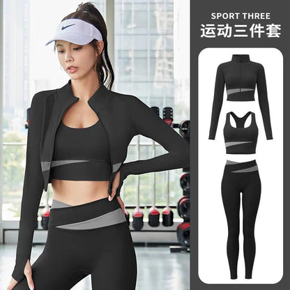 Women Yoga Patchwork 3 Piece Set Fitness Gym Coats+Bra+Leggings Workout Running Sportswear Clothing Tracksuit Ensemble Femme - MauBai