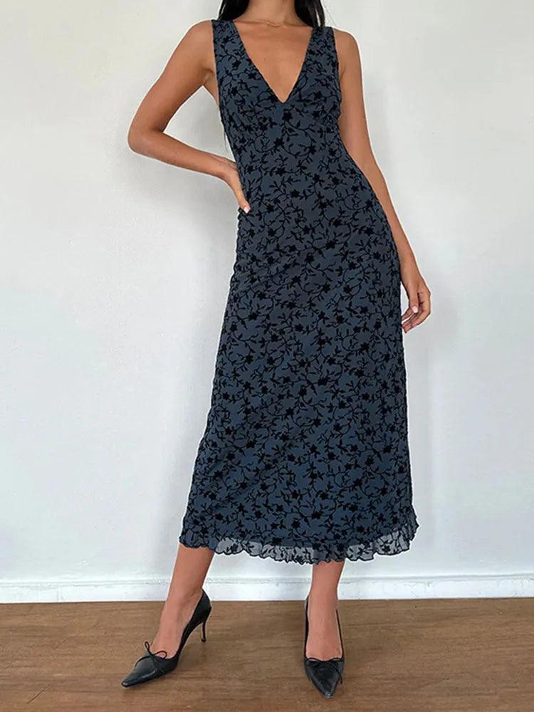 Tossy Summer Printed Deep V Long Dress Women's Fashion Floral Contrast Color Sleeveless Waist Slim New Evening Dress Long Dress - MauBai