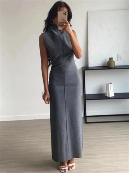 Tossy Sleeveless Split Patchwork Long Dress Female Straight Solid Slim High Waist Zipper Maxi Dress Autumn 2023 Turtleneck Dress - MauBai