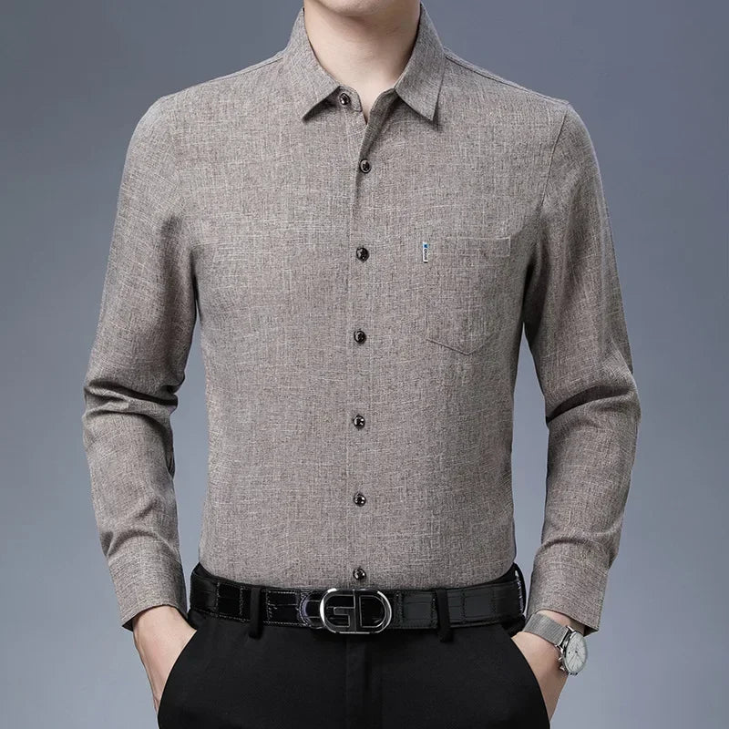 Gift Four Seasons Non ironing Middle aged Men Casual Shirt Imitation Linen Solid Color Shirt Fashion Business True Pocket DadSet