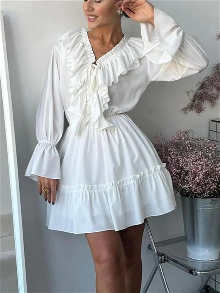 Tossy Ruffled V-Neck White Mini Dress Female Patchwork Long Sleeve Elegant Bandage Fashion Dress High Waist Lace-Up Women Dress - MauBai