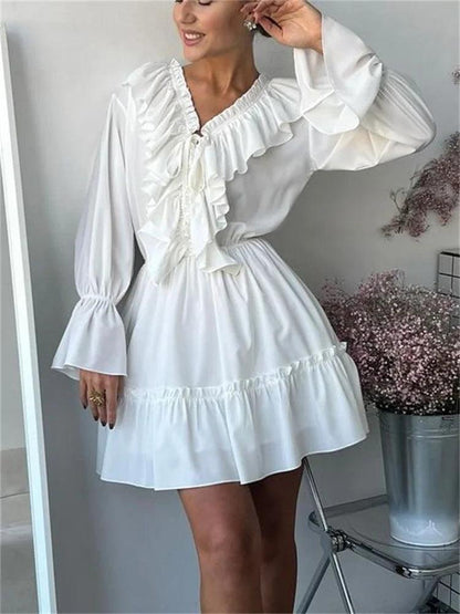 Tossy Ruffled V-Neck White Mini Dress Female Patchwork Long Sleeve Elegant Bandage Fashion Dress High Waist Lace-Up Women Dress - MauBai