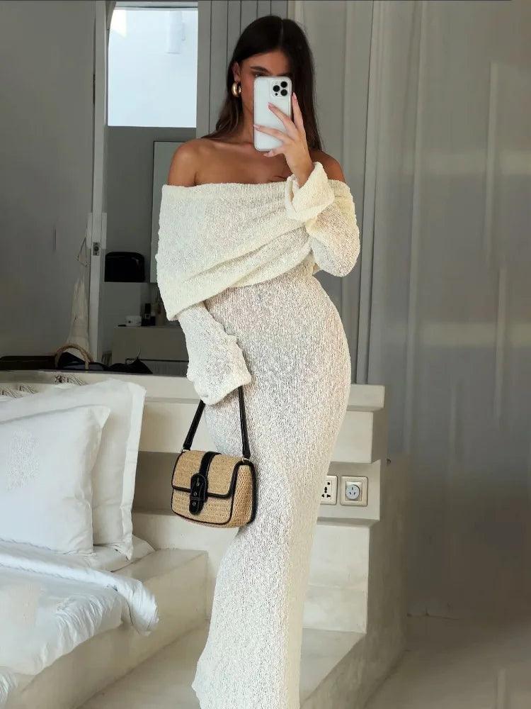 Tossy Knit Hollow Out Off-Shoulder Maxi Dress Female Cover up See-Through Sleeve Holiday Beach Party Dress Women Knitwear Dress - MauBai