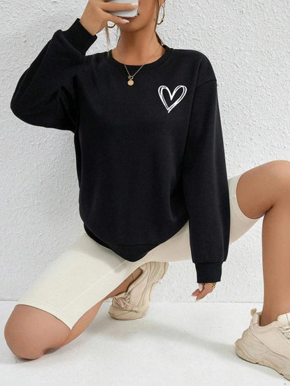 Simple Heart Pattern Printing Sweatshirts For Womens Casual Comfortable Crewneck Hoodies Loose Fleece Warm Sportswear Clothes - MauBai