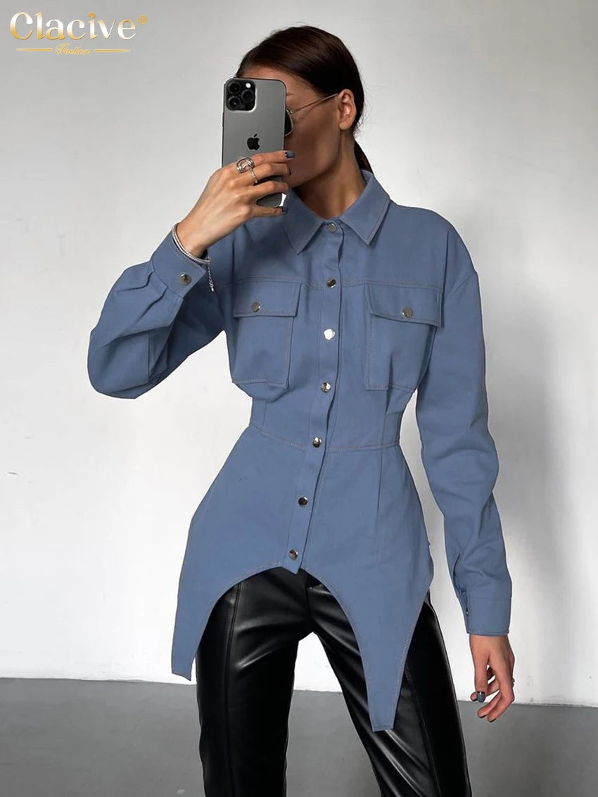 Clacive Fashion Slim Blue Women'S Shirt Elegant Lapel Long Sleeve Office Shirts And Blouses Bodycon Chic Pockets Tops Female