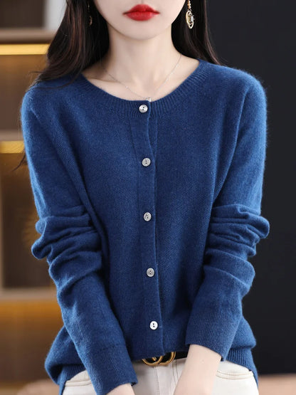 Addonee Women 100% Merino Wool Sweater Cashmere O-neck Cardigan Raglan Sleeve Classical Knitwear Solid Fashion Basic Clothing