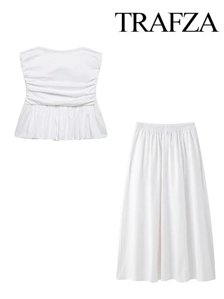 TRAFZA Women Skirt Suit Elegant White Off-shoulder Ruched Sexy Strapless Top+Casual Side Pocket Elastic Waist White Long Skirt - MauBai