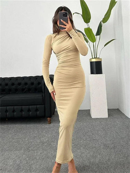 Tossy Fashion Pleated Autumn Dress Patchwork Elegant Women Long Sleeve Solid Vestidos Slim High Waist Bodycon Maxi Dress 2023 - MauBai