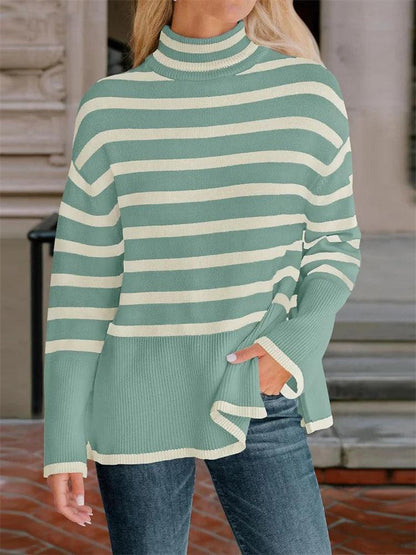 Tossy Winter Women’s Long Sleeves Knit Sweater Turtleneck Striped Print Loose Pullover Tops 2023 New Autumn Oversized Sweater - MauBai