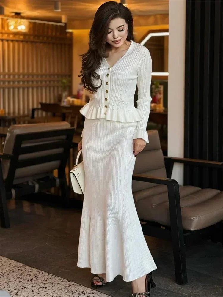 Tossy Ruffled Fashion Knit Maxi Dress Women's 2 Piece-Set V-Neck Hollow Out Patchwork Elegant Party Dress Female Knitwear Dress - MauBai