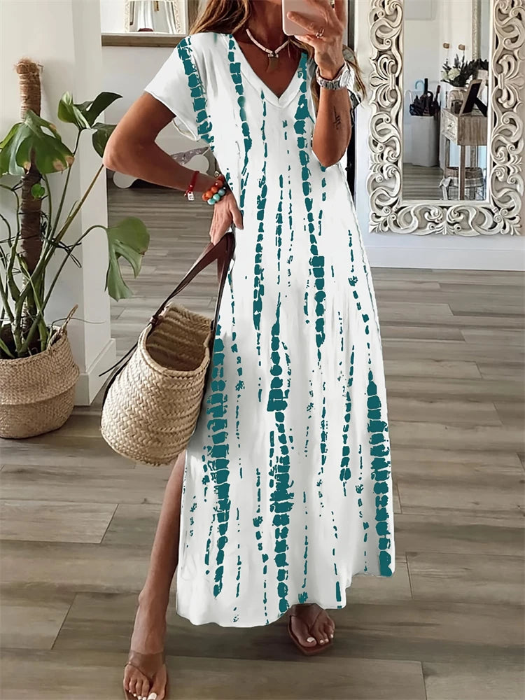 Women's Dresses Summer Ladies Textured Printed Evening Fashion Splicing V Neck Loose Bohemian Resort Split Long Dress Basic