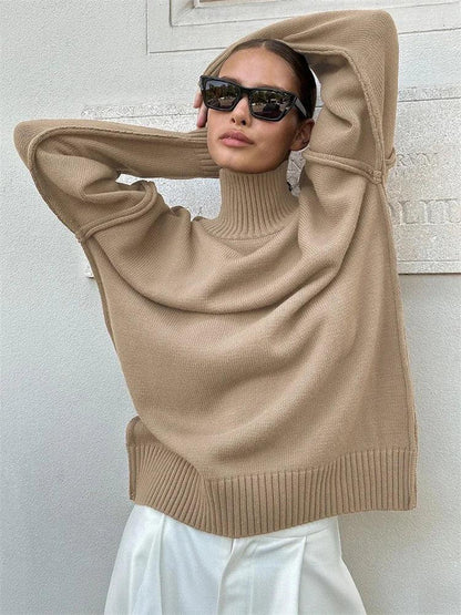 Tossy Winter Knit Turtleneck Pullover Female Clothes Loose Casual Ribbed Patchwork Long Sleeve Oversized Sweater Women Knitwear - MauBai