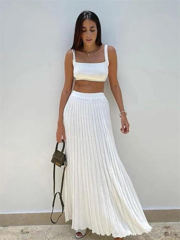 Tossy New White Knit Two Piece Women Sets Fall Ribbed Tank Top And Pleated Knitted Skirt Suits For Women Long Dress Sets Summer - MauBai